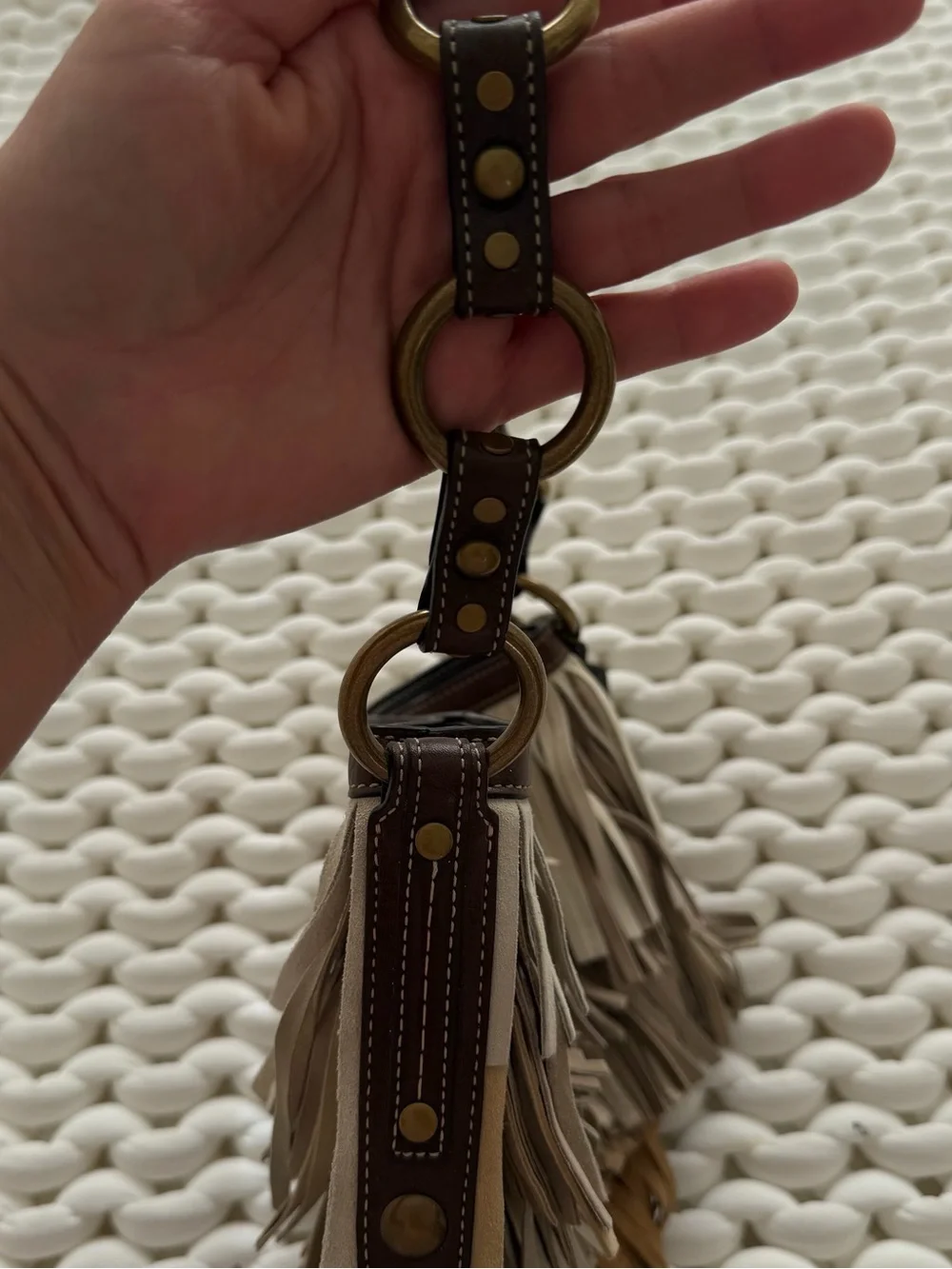Coach Layered Fringe Shoulder Bag in Taupe, Metallic Gold and Brown